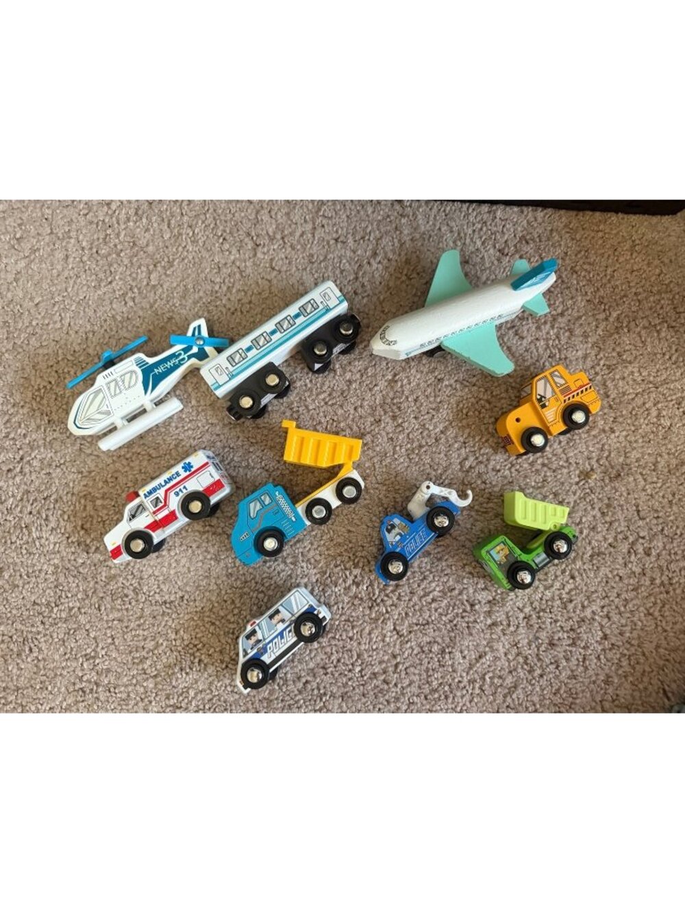 Lot of 9 wooden cars or transportation